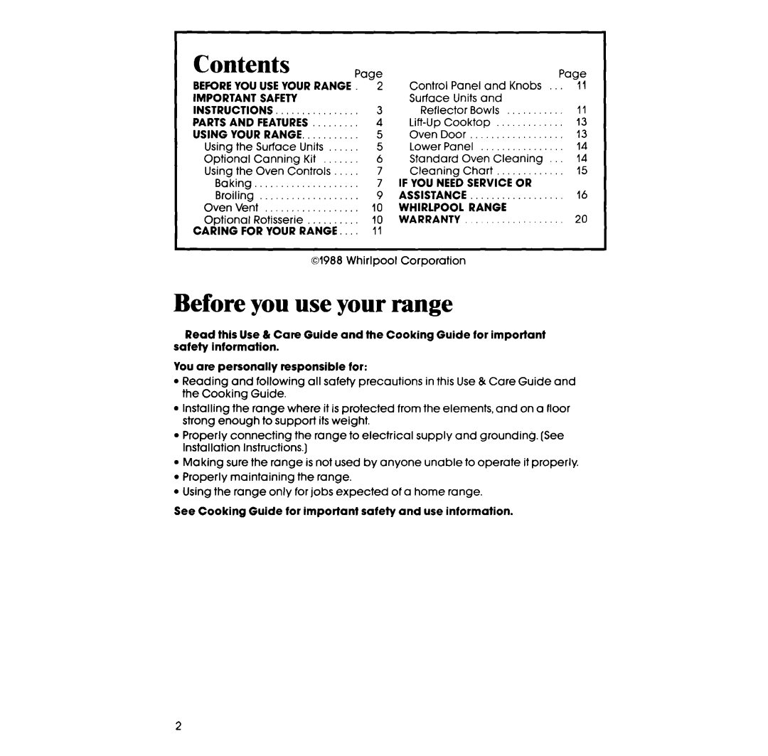 Whirlpool RF3000XV manual Contents, Before you use your range 