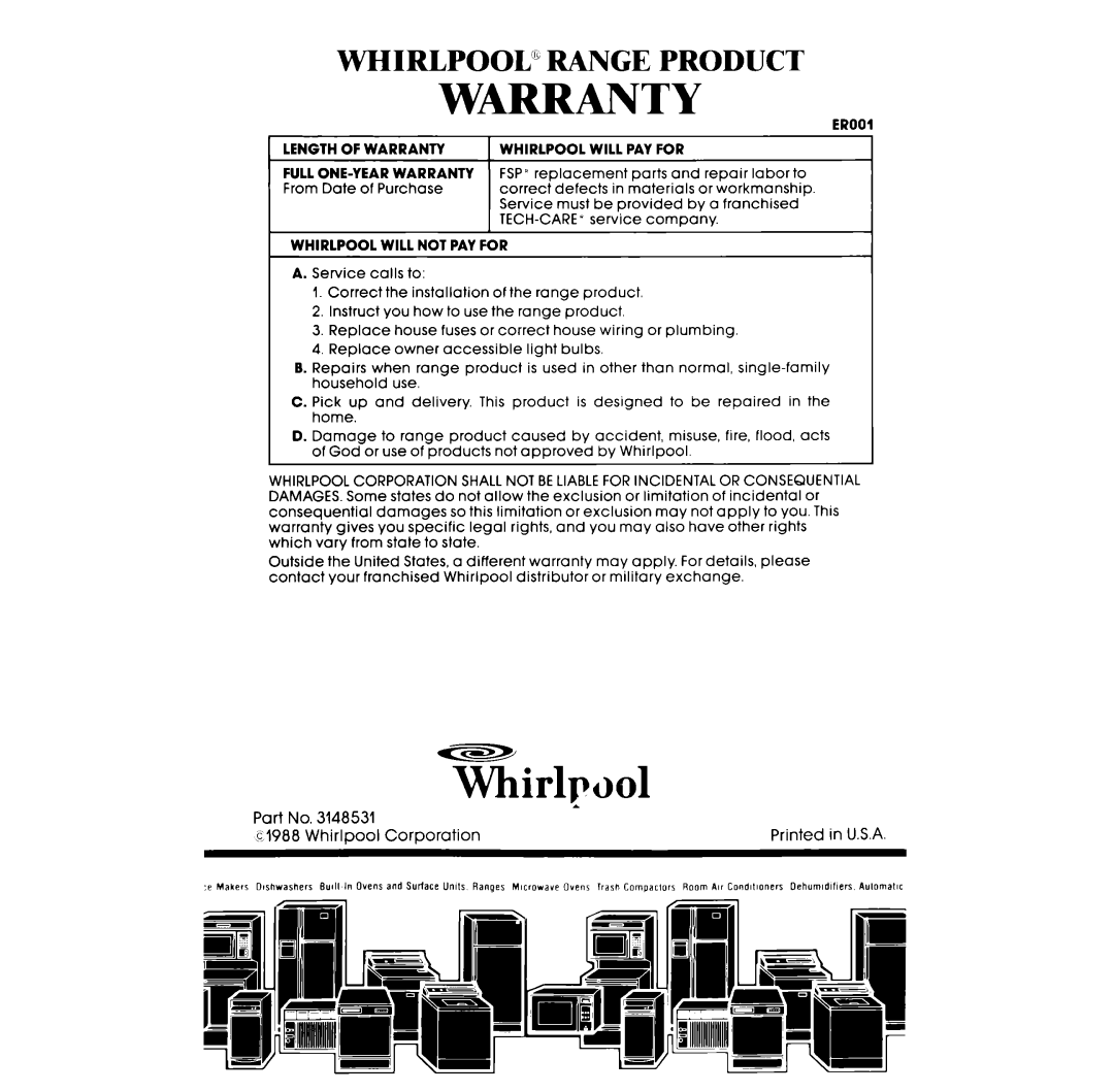 Whirlpool RF3000XV manual Warranty, Whirlpml, Whirlpool” Range Product 