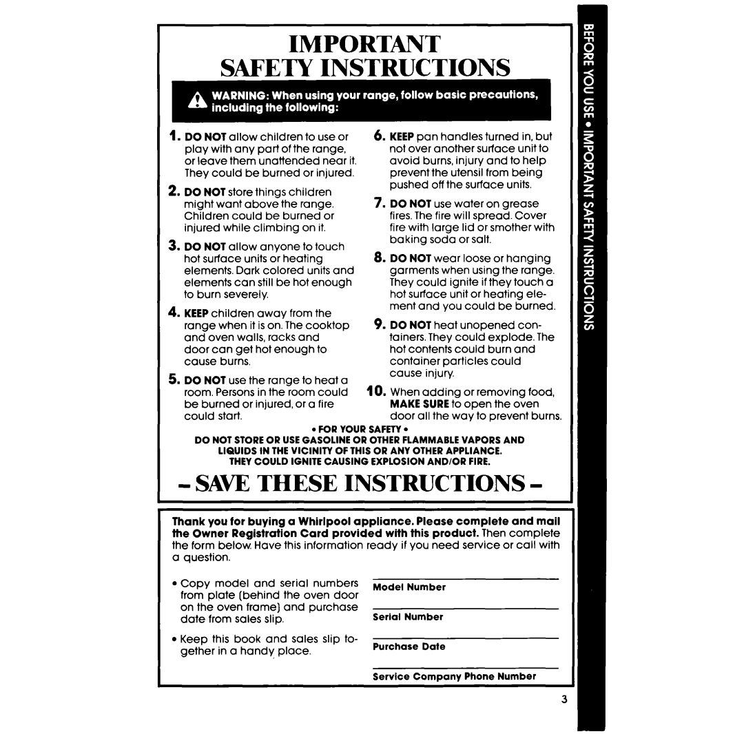 Whirlpool RF3000XV manual Save These Instructions 