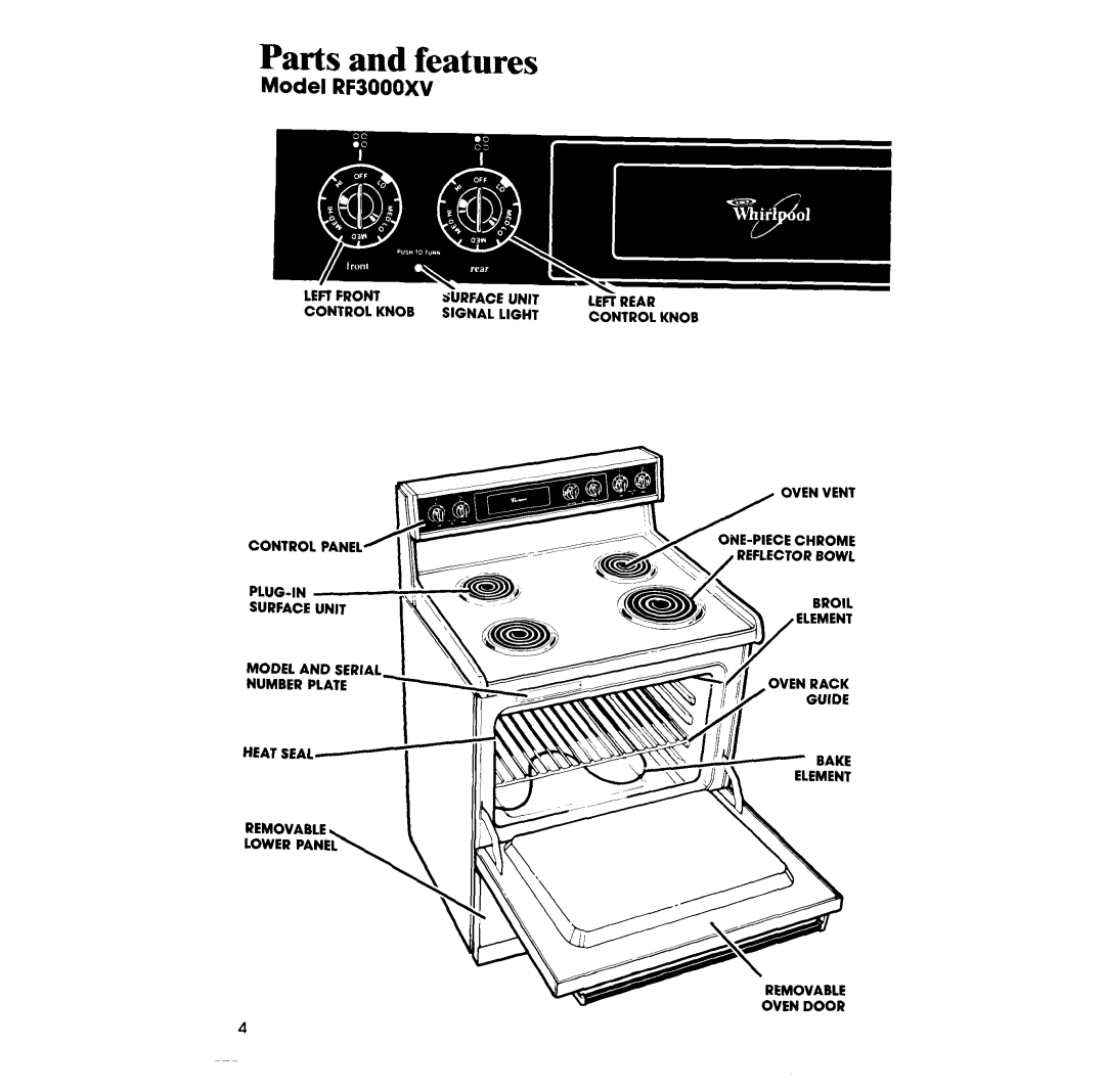 Whirlpool manual Parts and features, Model RF3000XV 