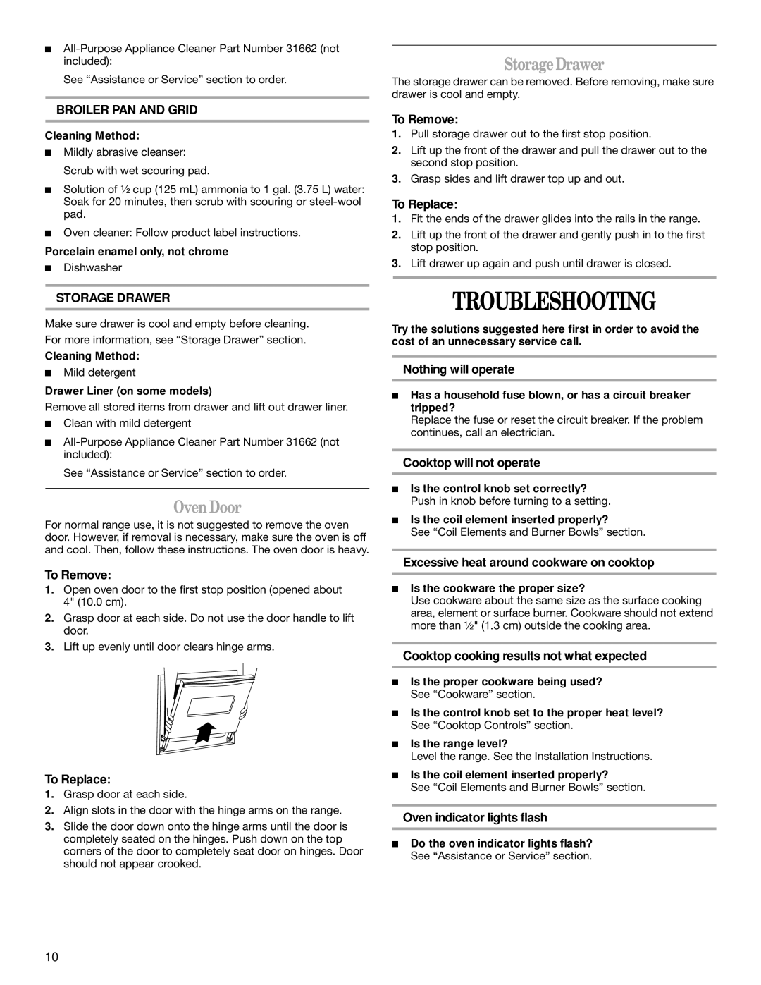 Whirlpool RF301OXT manual Troubleshooting, StorageDrawer, OvenDoor, Broiler PAN and Grid, Storage Drawer 