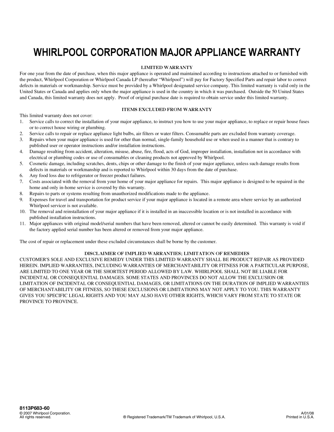 Whirlpool RF301OXT manual Whirlpool Corporation Major Appliance Warranty, 8113P683-60 