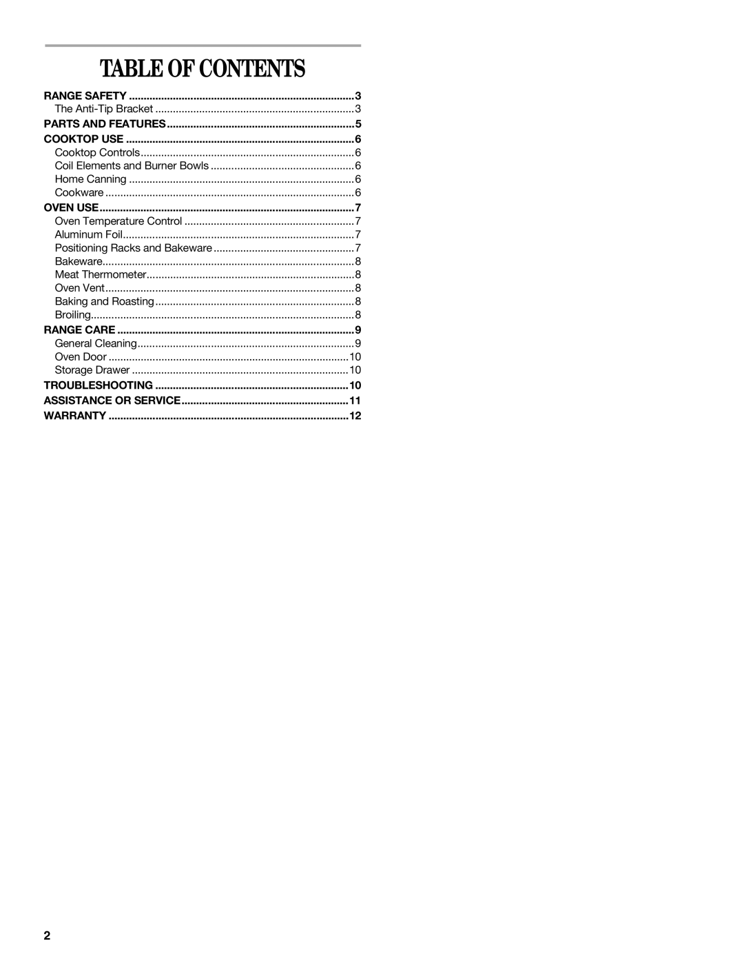 Whirlpool RF301OXT manual Table of Contents 