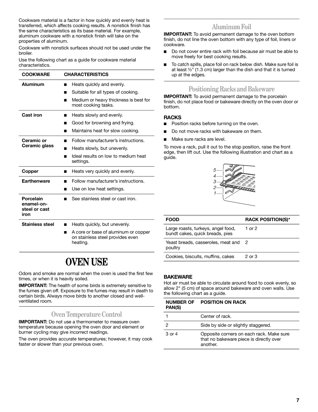 Whirlpool RF301OXT manual Oven USE, OvenTemperatureControl, AluminumFoil, PositioningRacks andBakeware 