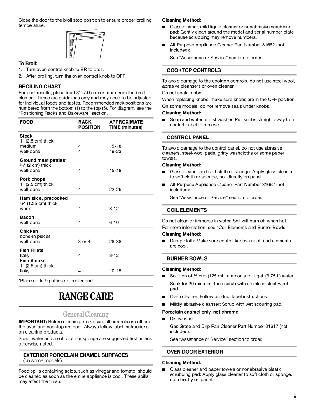 Whirlpool RF301OXT manual Range Care, GeneralCleaning 