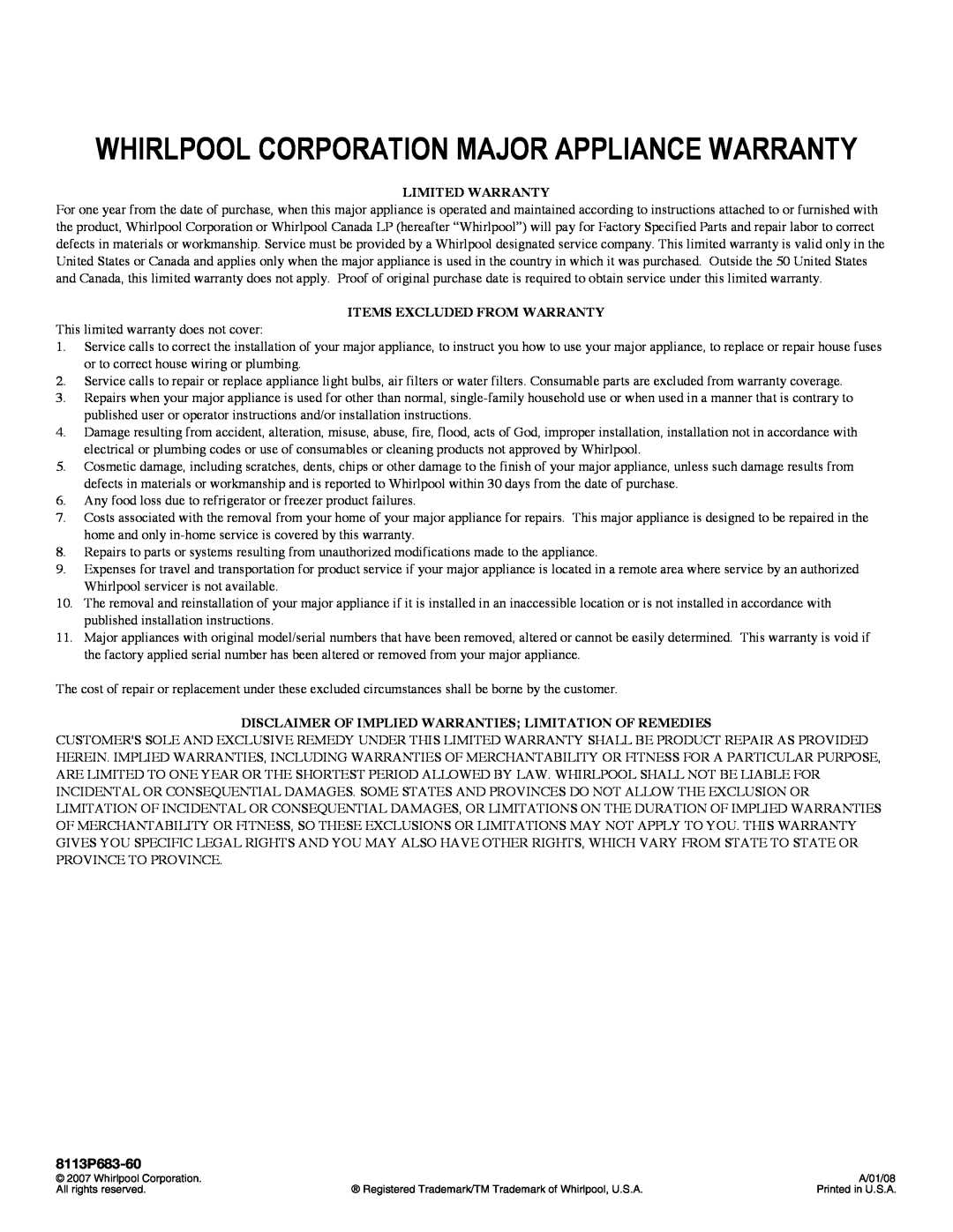 Whirlpool RF301OXT manual Whirlpool Corporation Major Appliance Warranty, Limited Warranty, Items Excluded From Warranty 