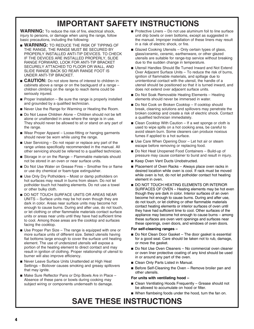 Whirlpool RF301OXT manual Important Safety Instructions, Save These Instructions, For self-cleaning ranges 