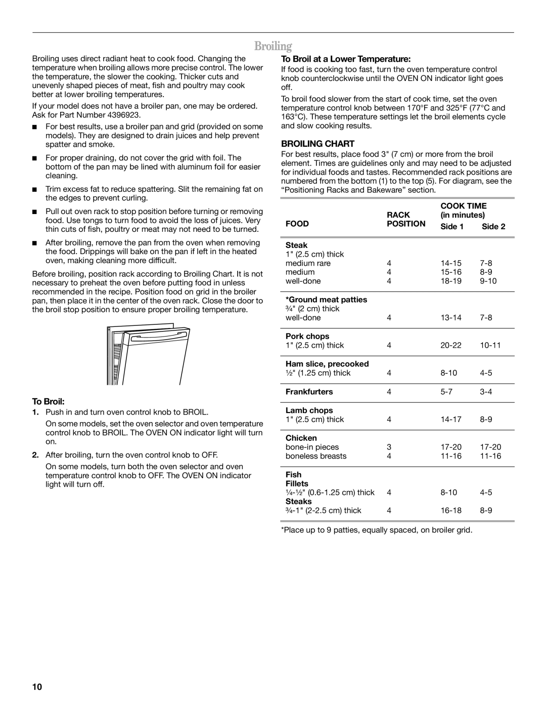 Whirlpool RF3020XKQ2 manual Broiling, To Broil at a Lower Temperature 