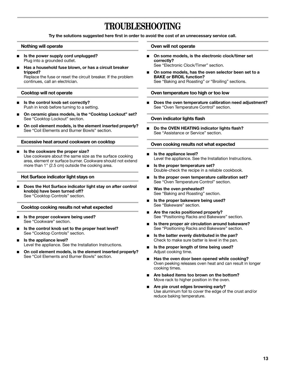 Whirlpool RF3020XKQ2 manual Troubleshooting 