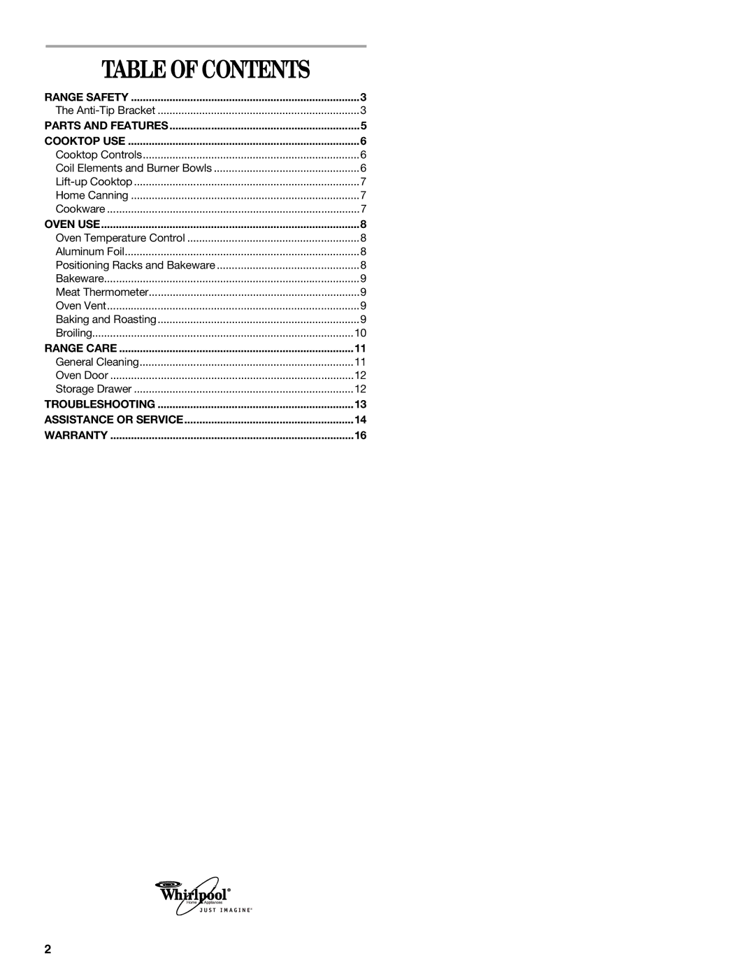 Whirlpool RF3020XKQ2 manual Table of Contents 