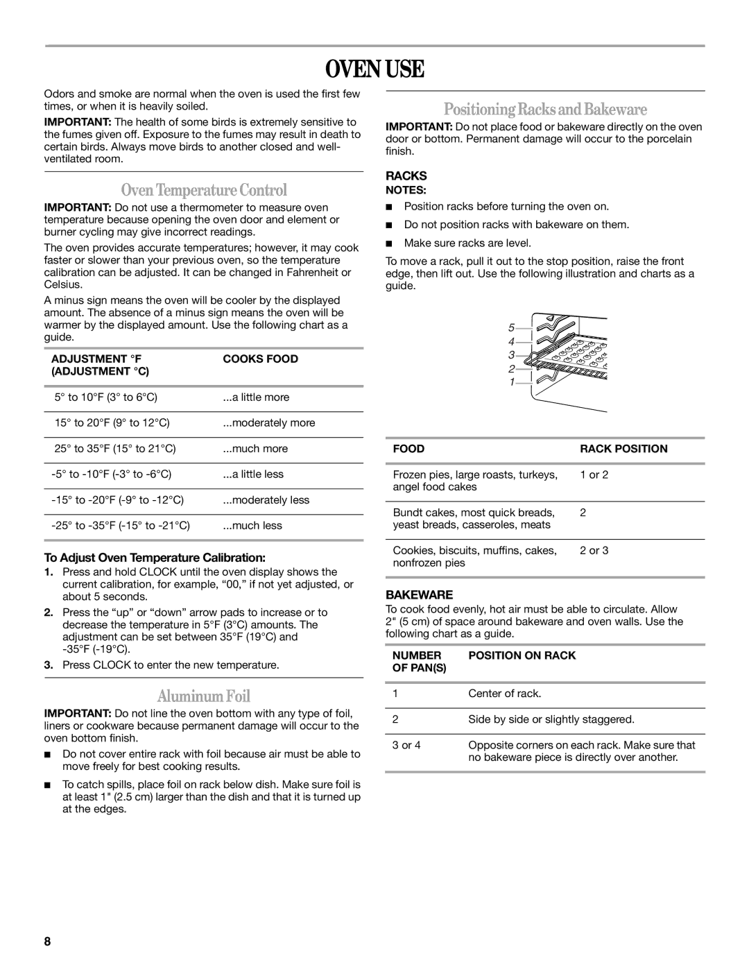 Whirlpool RF3020XKQ2 manual Oven USE, OvenTemperatureControl, AluminumFoil, PositioningRacksandBakeware 