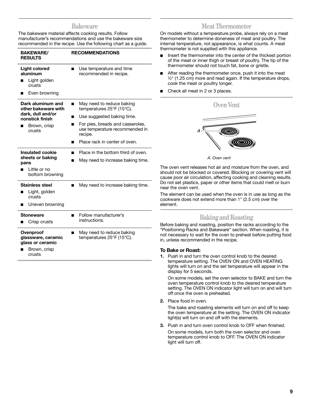 Whirlpool RF3020XKQ2 manual Bakeware, MeatThermometer, OvenVent, BakingandRoasting, To Bake or Roast 