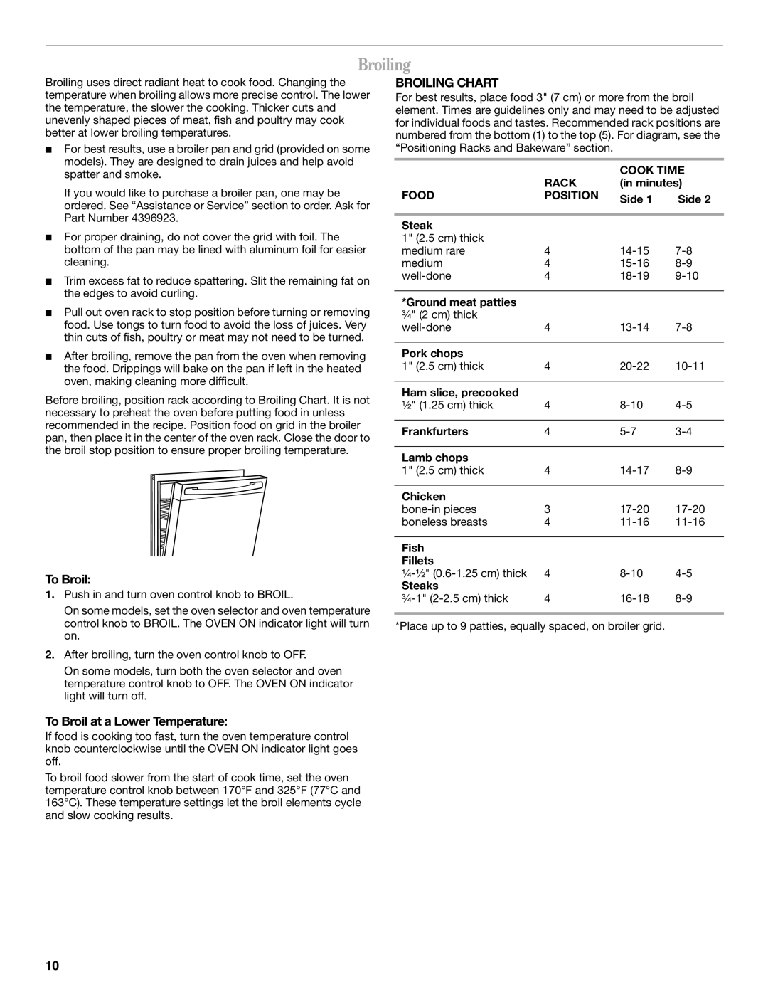 Whirlpool RF3020XKQ4 manual Broiling, To Broil at a Lower Temperature, Rack Cook Time, Food Position 