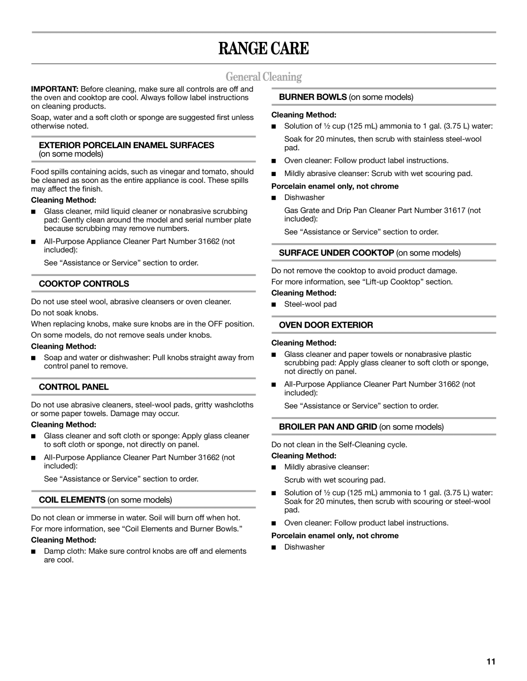 Whirlpool RF3020XKQ4 manual Range Care, General Cleaning, Surface Under Cooktop on some models 