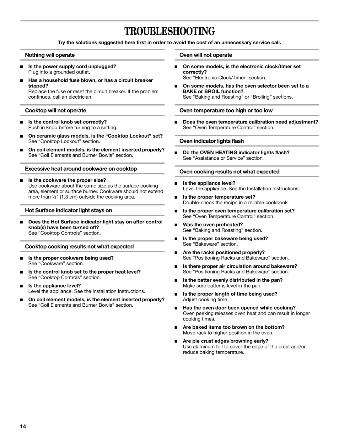 Whirlpool RF3020XKQ4 manual Troubleshooting 