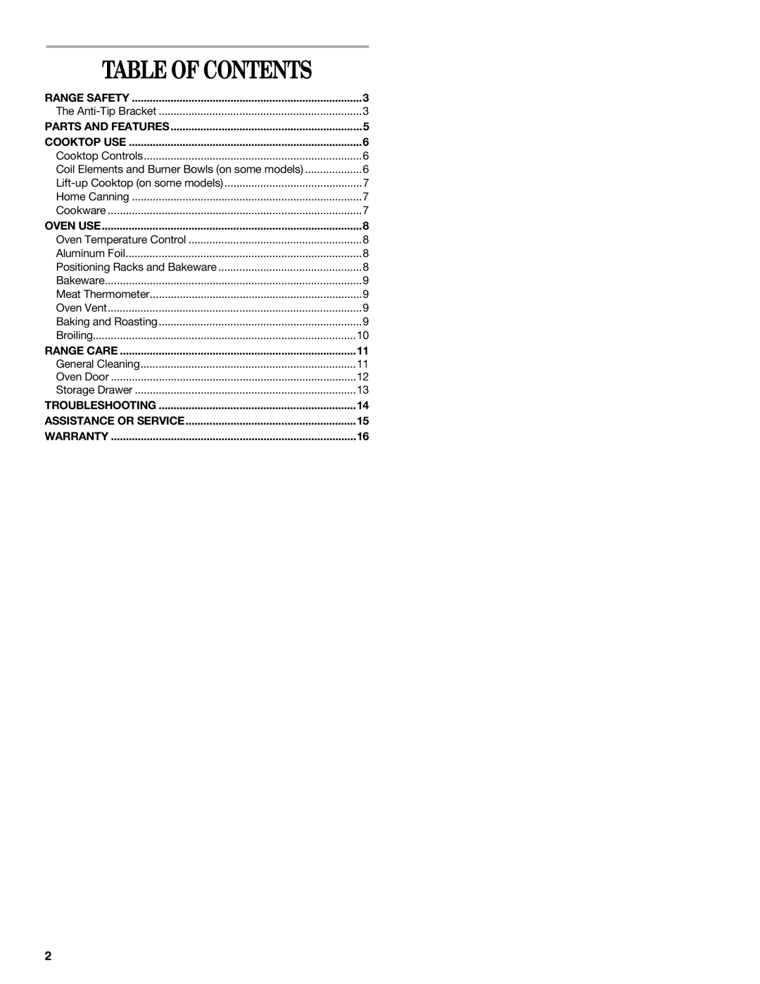 Whirlpool RF3020XKQ4 manual Table of Contents 