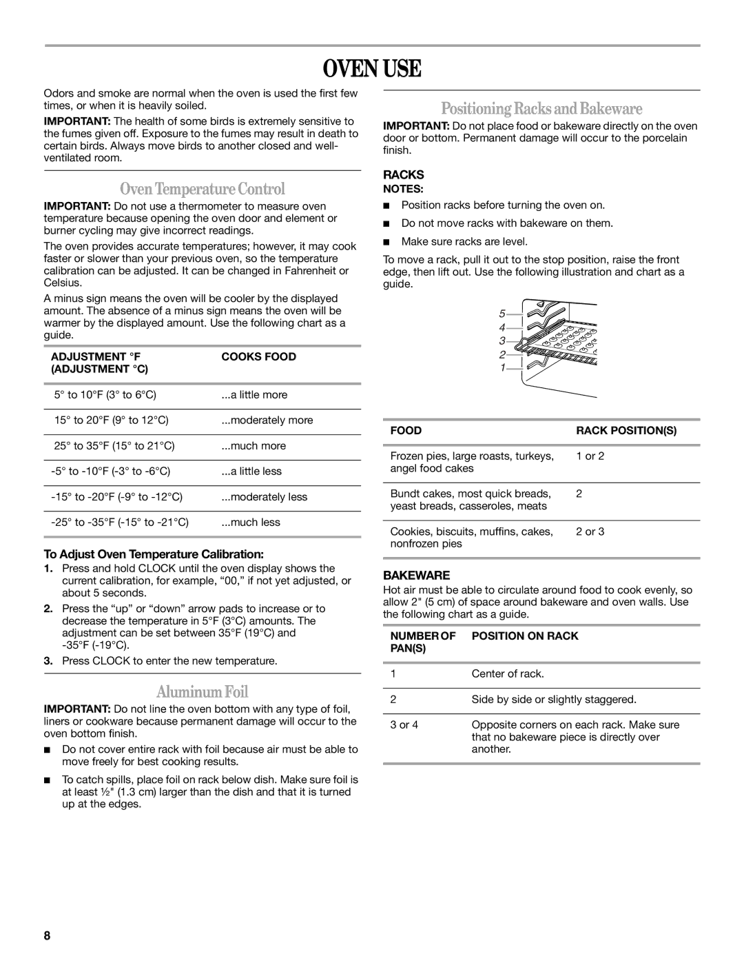 Whirlpool RF3020XKQ4 manual Oven USE, Oven Temperature Control, Aluminum Foil, Positioning Racks and Bakeware 