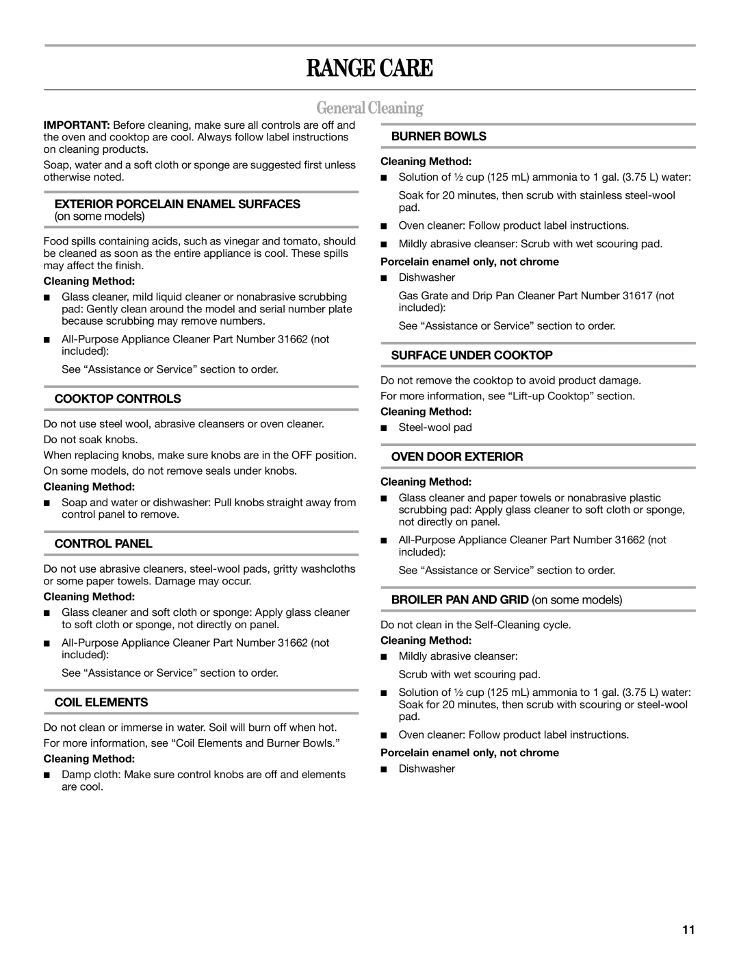 Whirlpool W10017640, RF3020XKQ5 manual Range Care, General Cleaning 