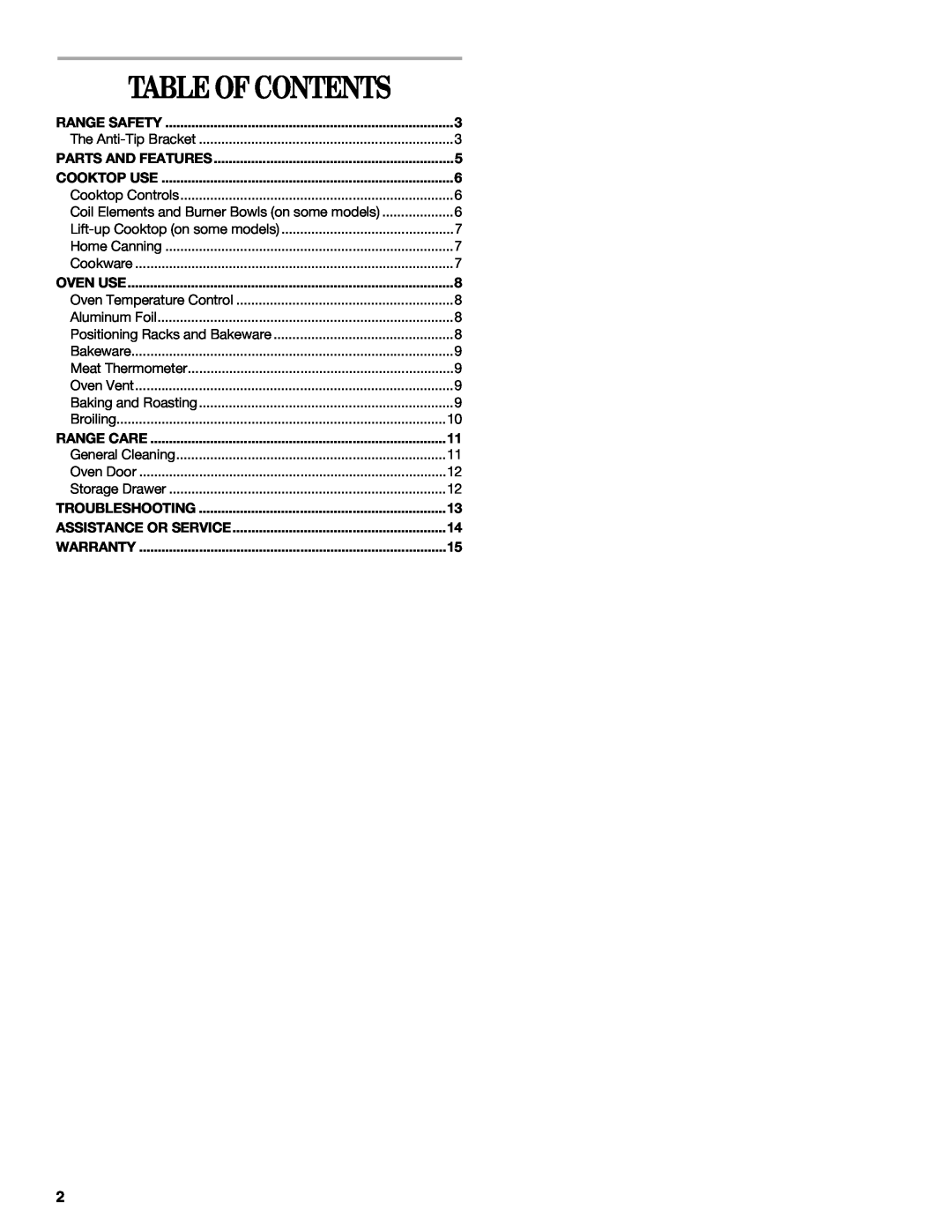 Whirlpool RF3020XKQ5, W10017640 manual Table Of Contents 