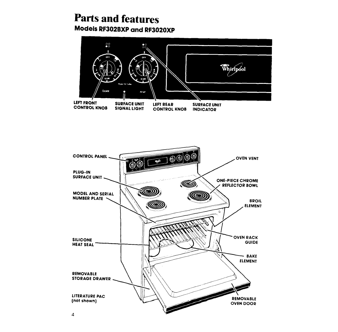 Whirlpool manual Parts and features, Models RF302BXP and RF3020XP 