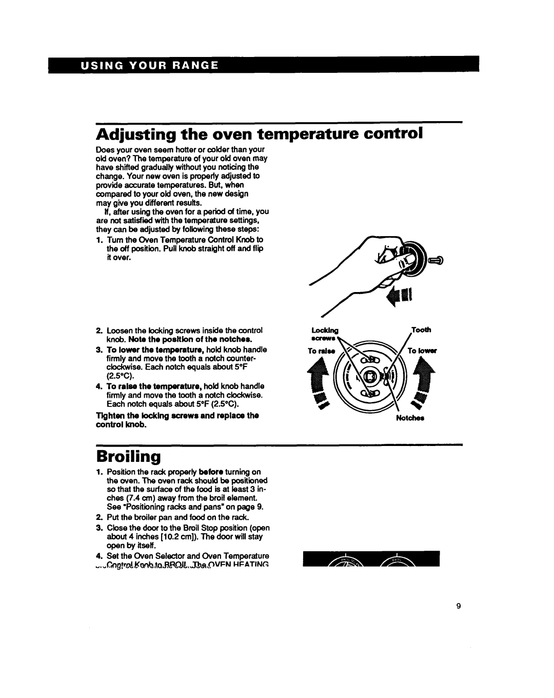 Whirlpool RF3020XY, RF302BXY Adjusting the oven temperature control, Broiling, ~~~~~bocklng screws and replace 