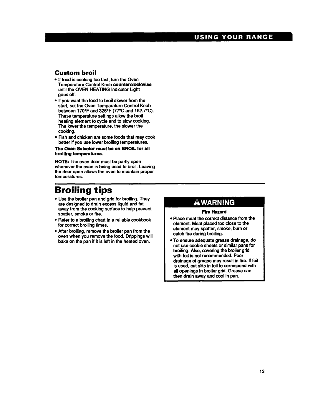 Whirlpool RF302BXY, RF3020XY important safety instructions Broiling tips, Custom broil, Fire Hazard 