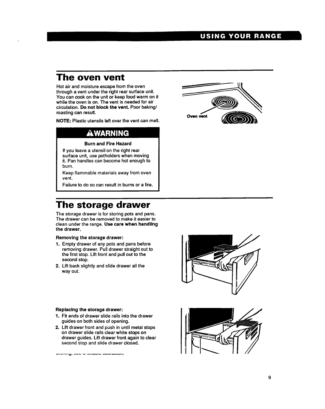 Whirlpool RF302BXY, RF3020XY important safety instructions Oven vent, Storage drawer 