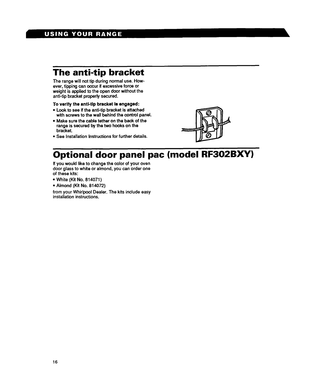 Whirlpool RF3020XY important safety instructions Anti-tip bracket, Optional door panel pat model RF302BXY 