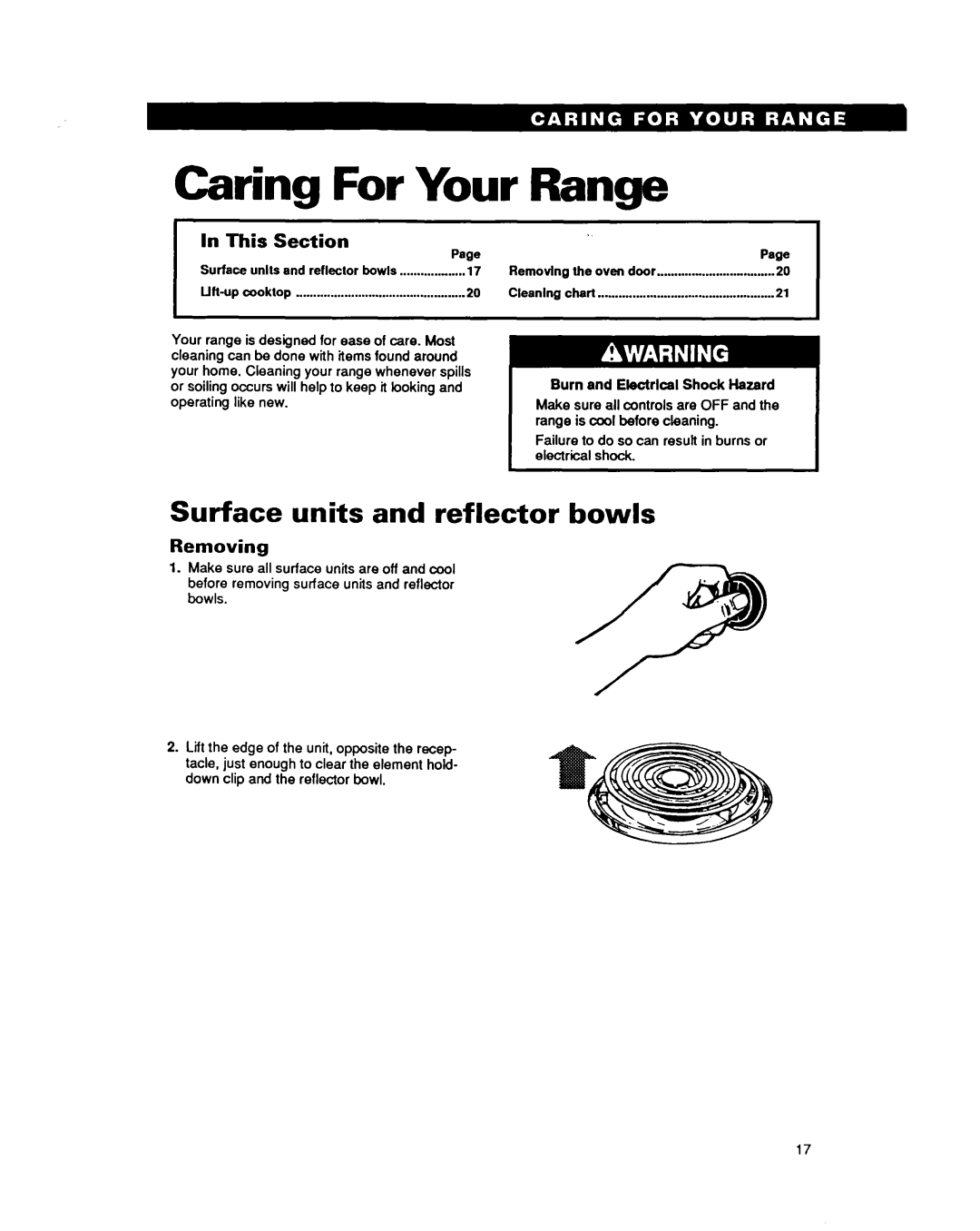 Whirlpool RF302BXY, RF3020XY Caring For Your Range, Surface units and reflector bowls, This, Removing, Section 