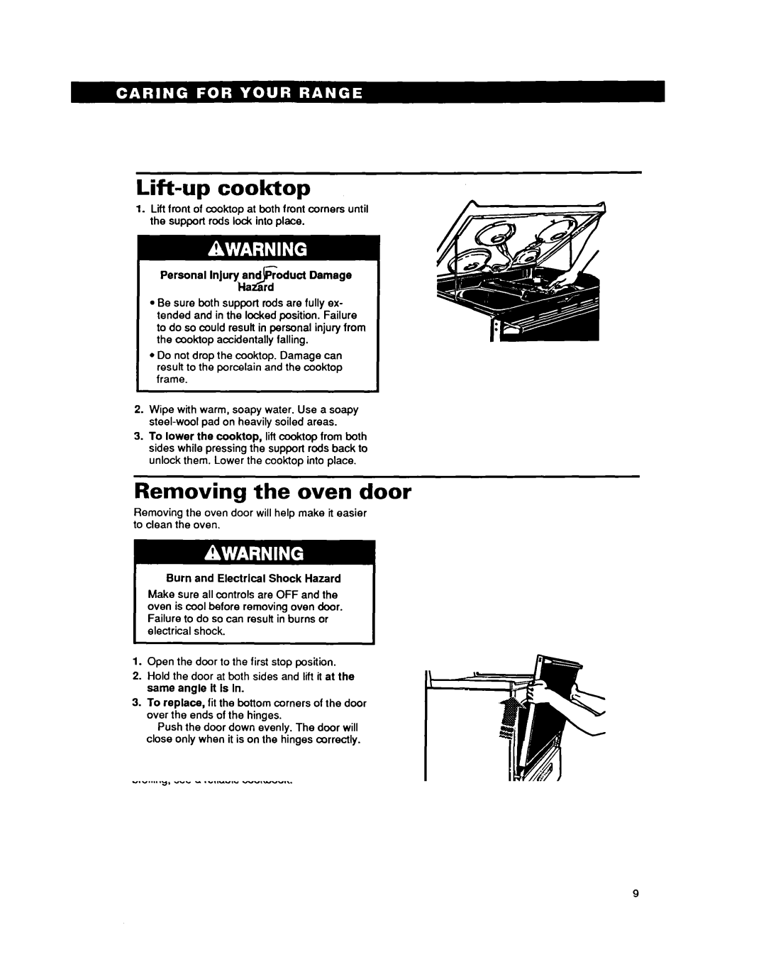 Whirlpool RF3020XY, RF302BXY important safety instructions Lift-up cooktop, Removing the oven door 