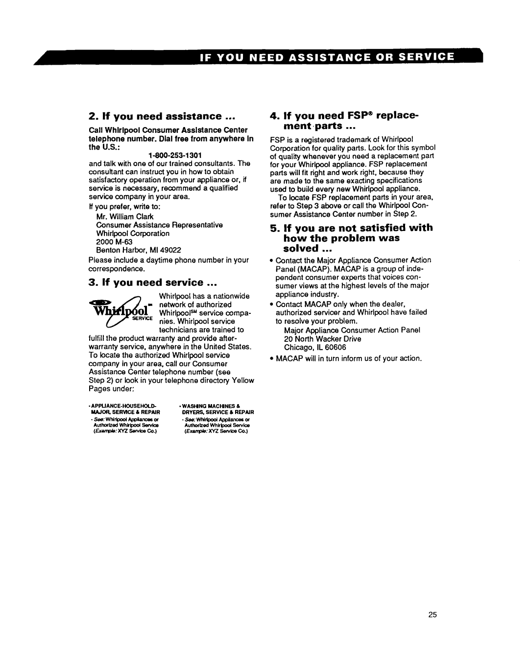 Whirlpool RF302BXY, RF3020XY If you need assistance, If you need service, If you need FSP@ replace- ment ,parts 