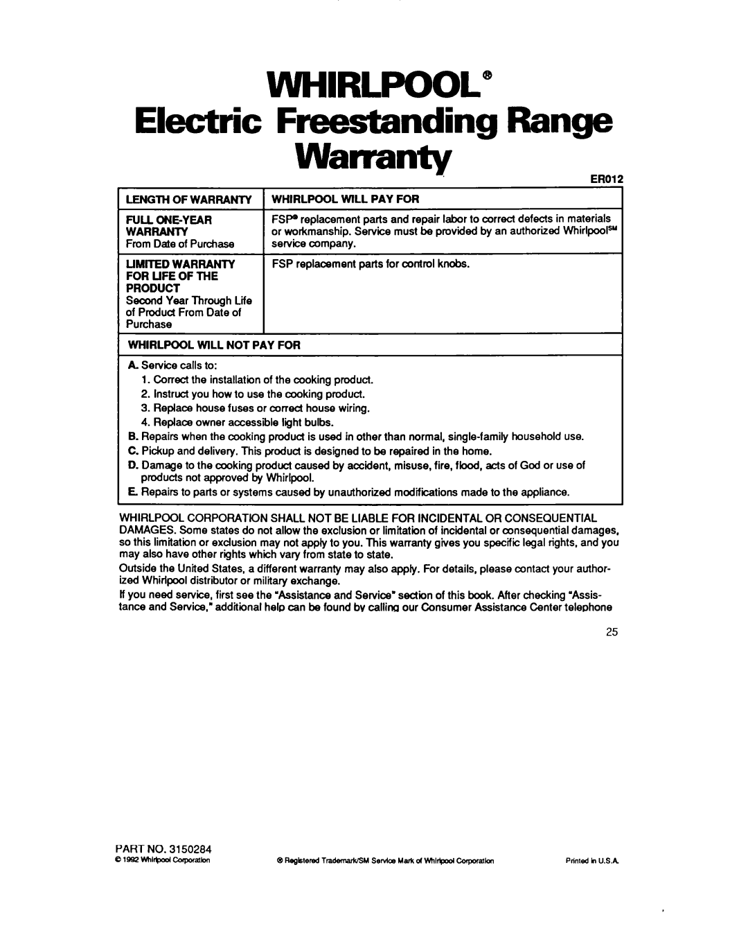 Whirlpool RF3020XY, RF302BXY important safety instructions Whirlpool, Electric Freestanding Range Warranty 