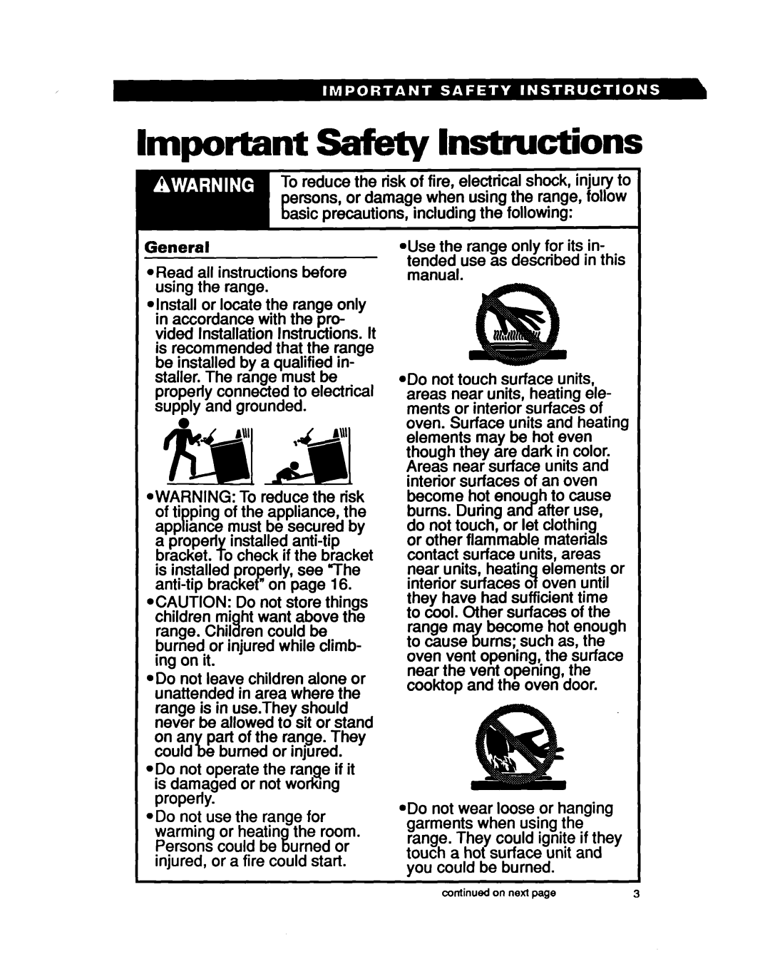 Whirlpool RF302BXY, RF3020XY Important Safbty Instructions, Read all instructions before using the range 