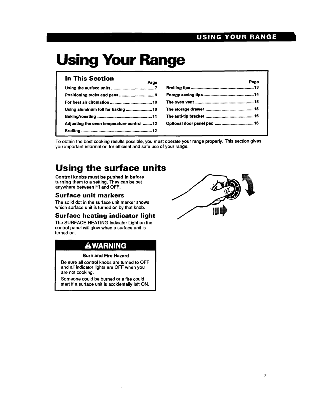 Whirlpool RF302BXY, RF3020XY Using Your Range, Using the surface units, This Section, Surface unit markers 