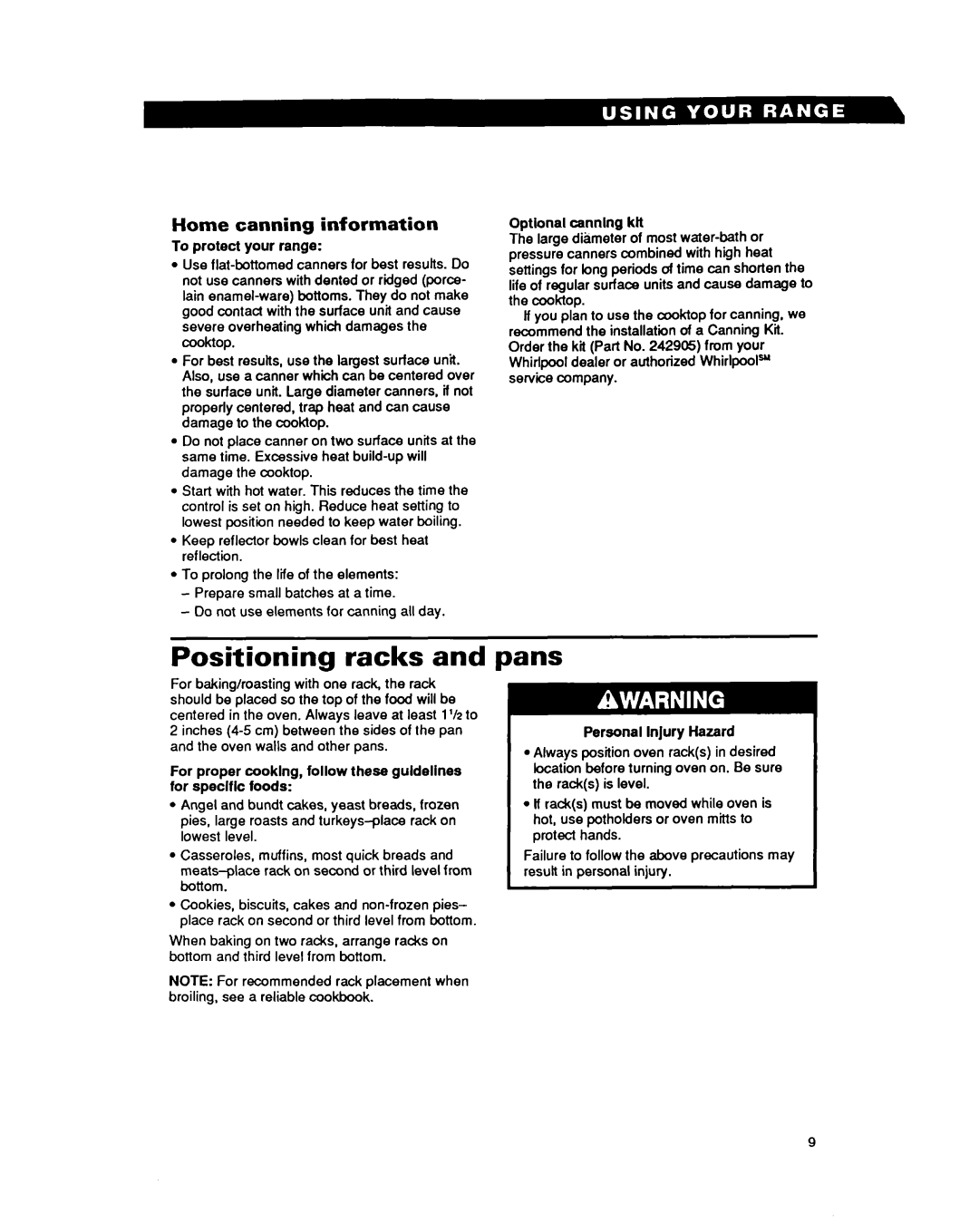 Whirlpool RF302BXY, RF3020XY important safety instructions Positioning racks, Pans, Home canning information 