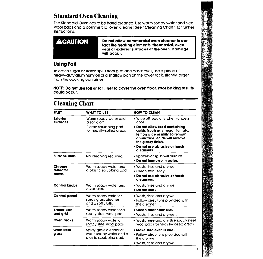 Whirlpool RF302BW manual Standard Oven Cleaning, Cleaning Chart, Using Foil 