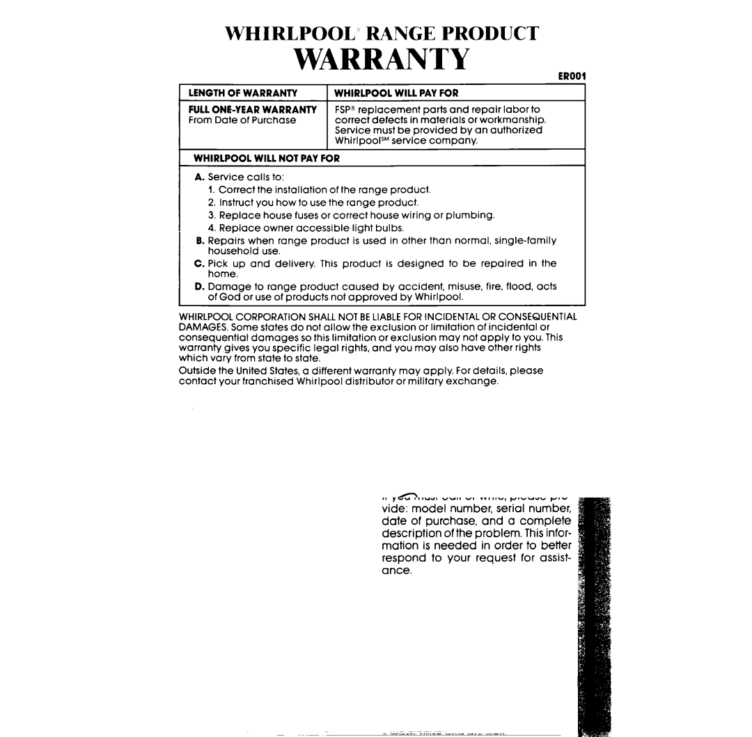 Whirlpool RF302BW manual Warranty 