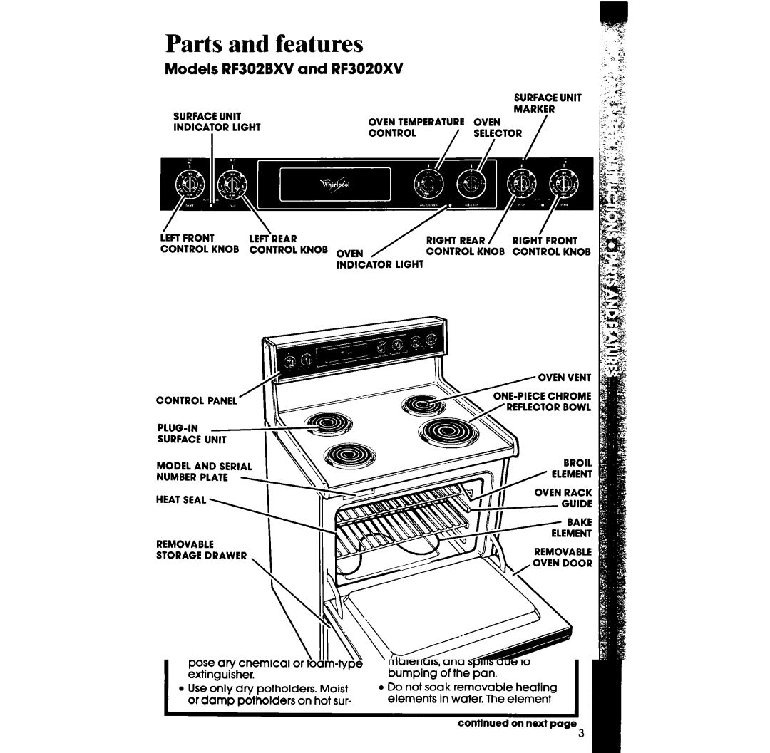 Whirlpool RF302BW manual Parts and features, Models RF302BXV and RF3020XV 