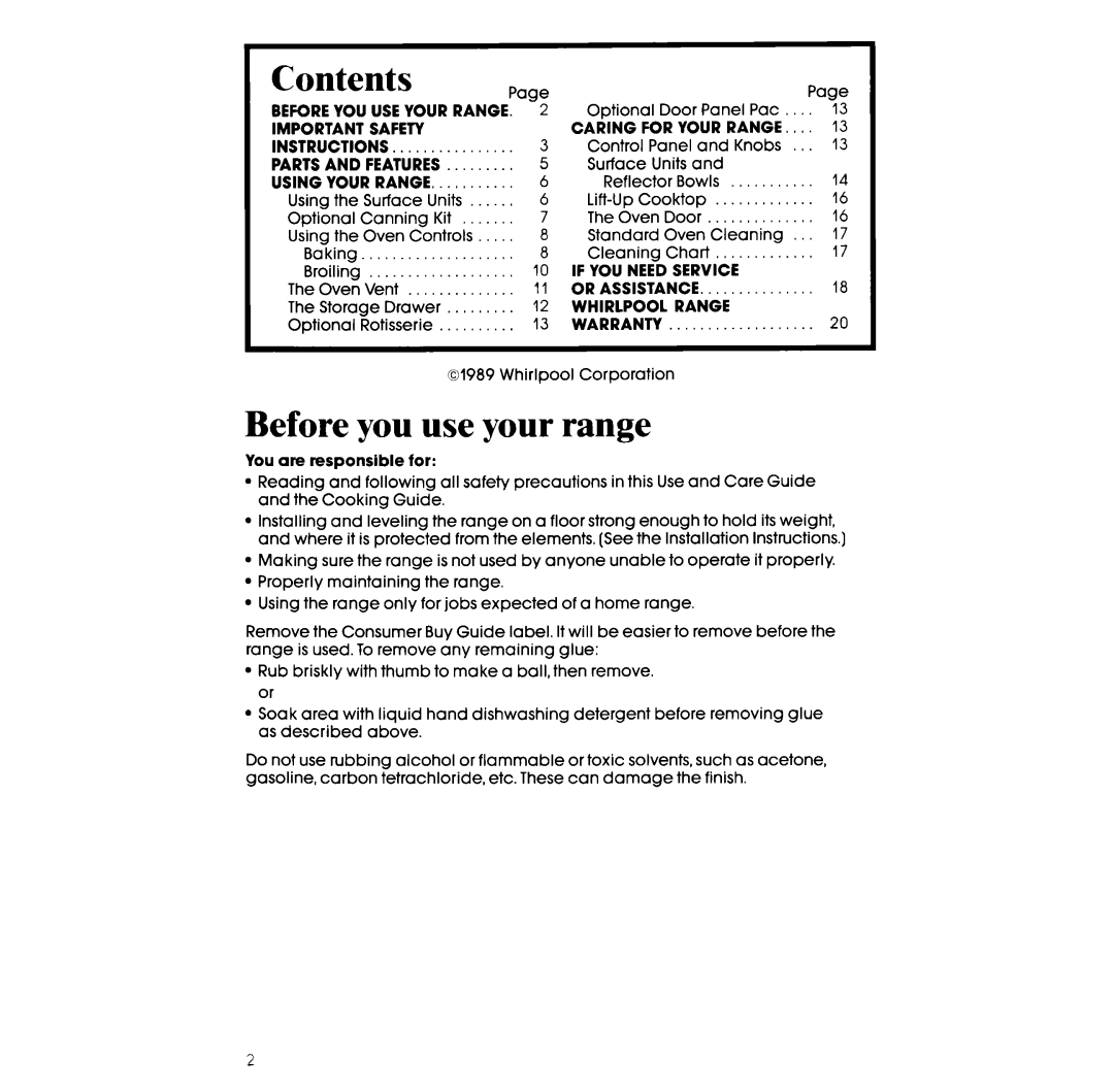 Whirlpool RF302BW manual Contents, Before you use your range 