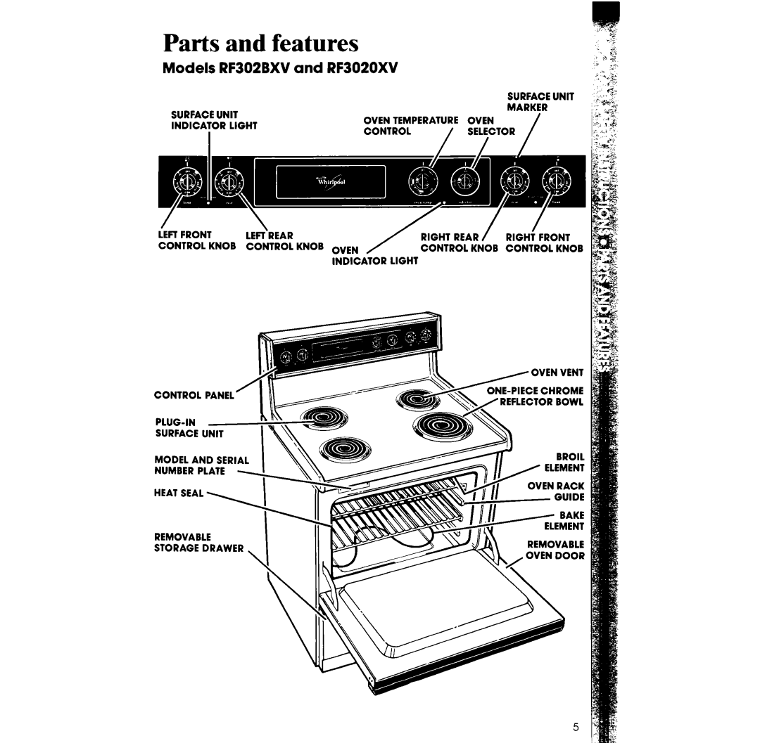 Whirlpool RF302BW manual Parts and features, Models RF302BXV and RF3020XV 