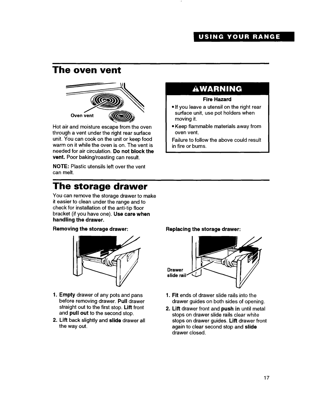 Whirlpool RF3020XD, RF302BXD, RF305PXD manual Oven vent, Storage Drawer, Handling Drawer Removing the storage 