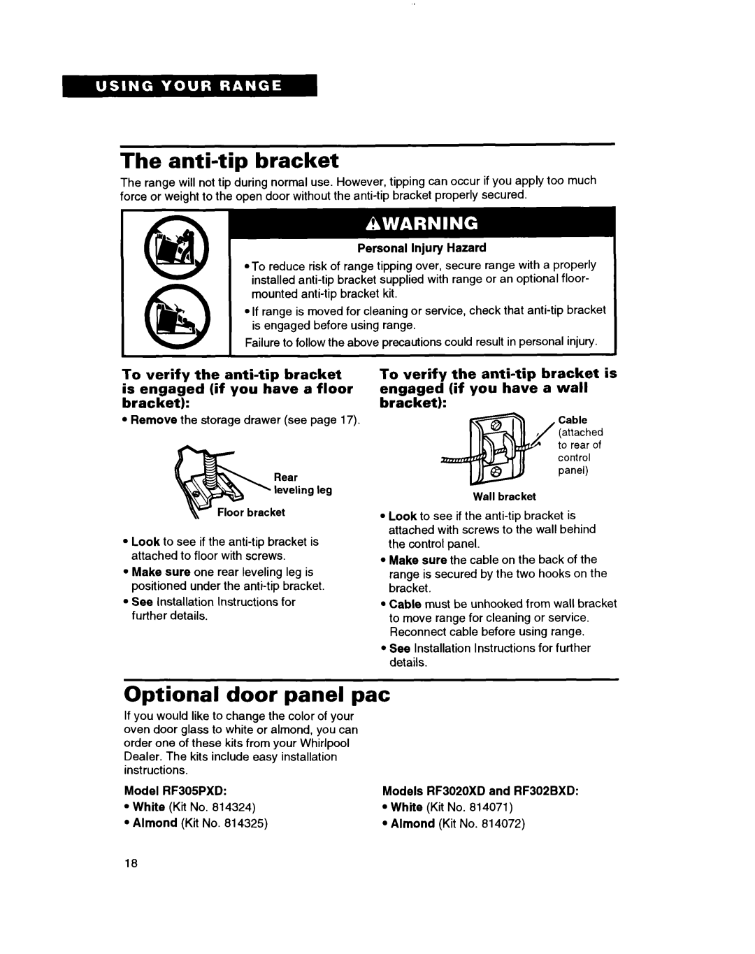 Whirlpool RF302BXD, RF3020XD manual Anti-tip bracket, Optional door panel pat, Model RF305PXD Models, White 