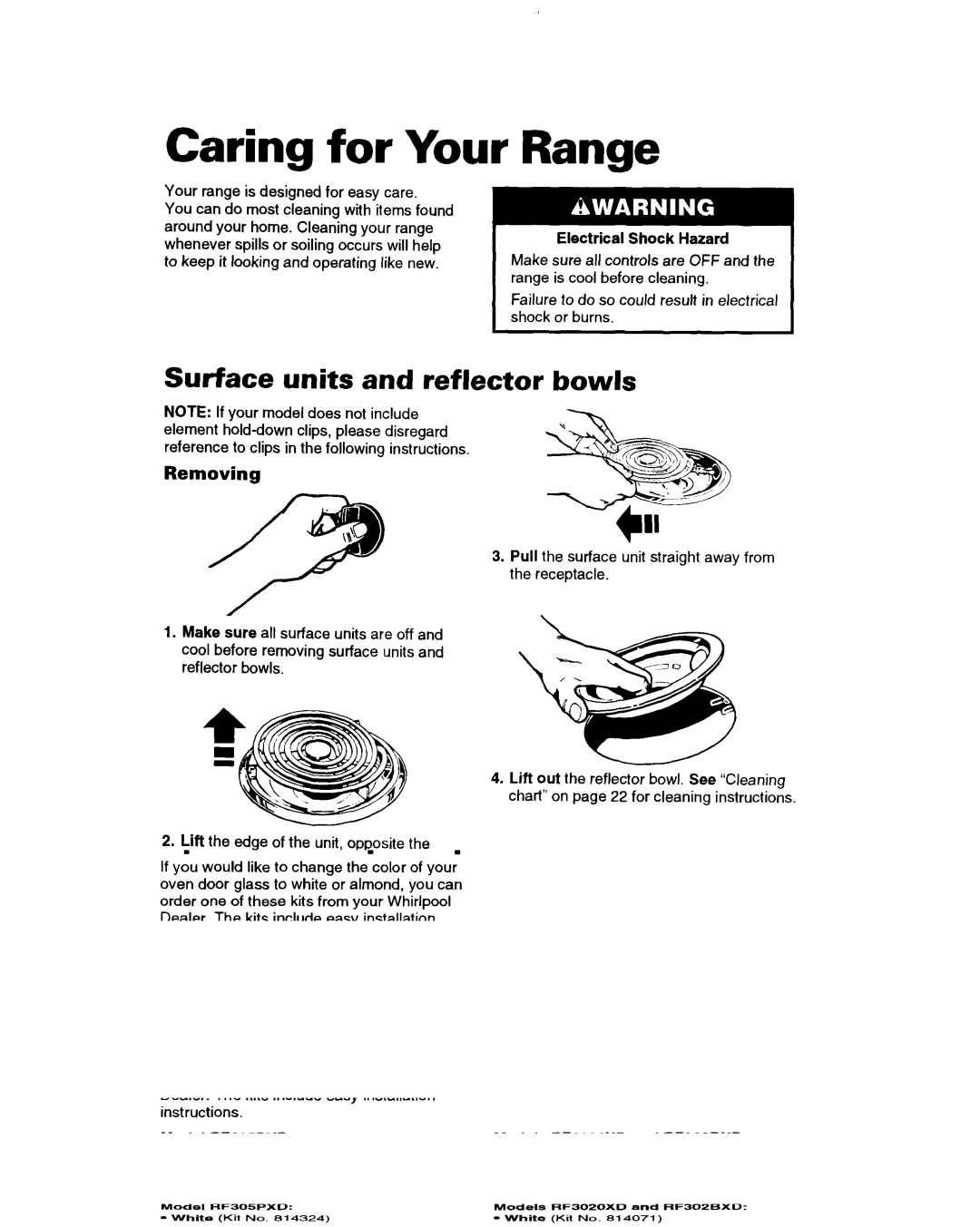 Whirlpool RF305PXD, RF302BXD Caring for Your Range, Surface units and reflector, Bowls, Removing, Electrical Shock Hazard 