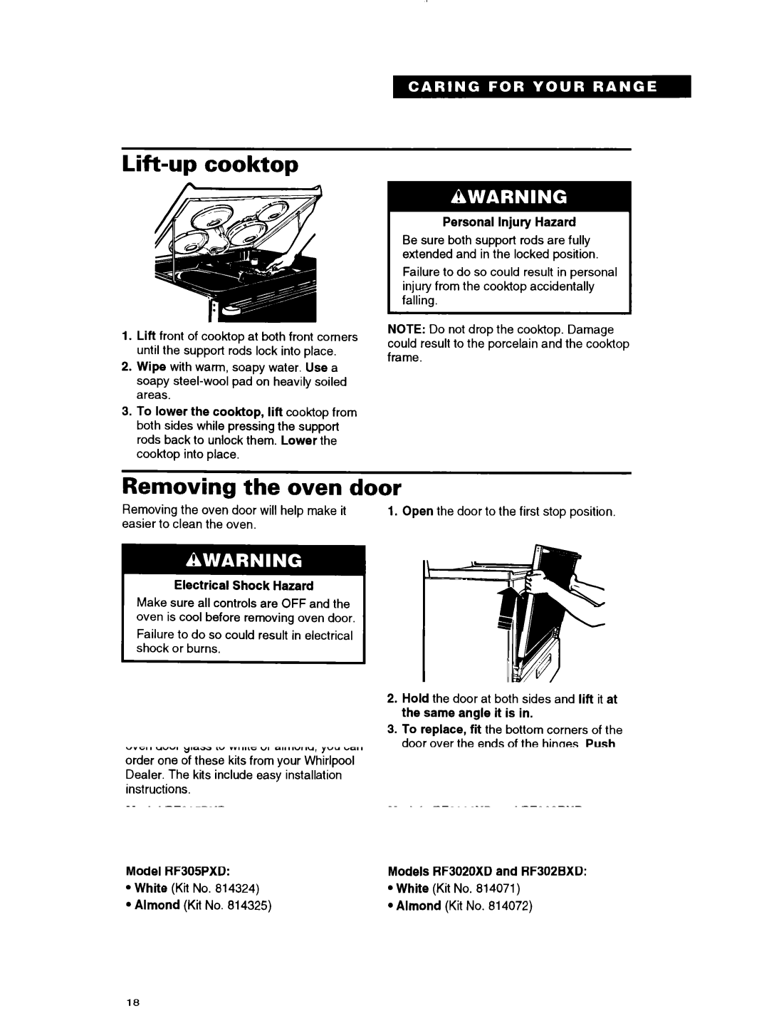 Whirlpool RF302BXD, RF305PXD, RF3020XD manual Lift-up cooktop, Removing the oven door 
