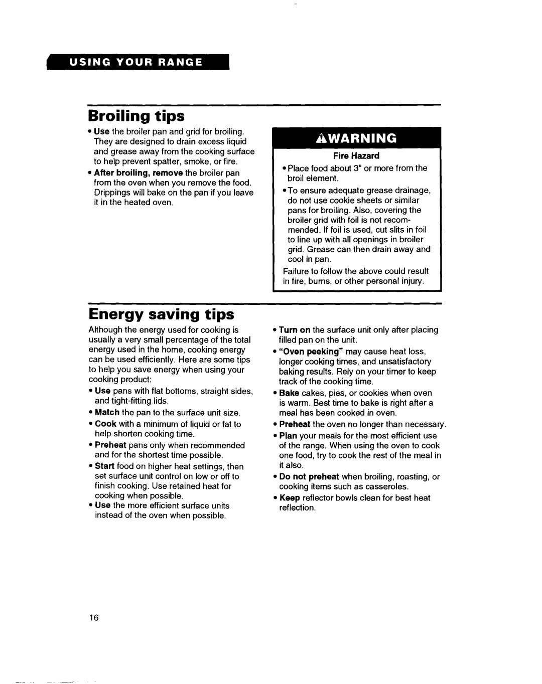 Whirlpool RF305PXD, RF302BXD, RF3020XD manual Broiling tips, Energy saving tips, Fire Hazard 