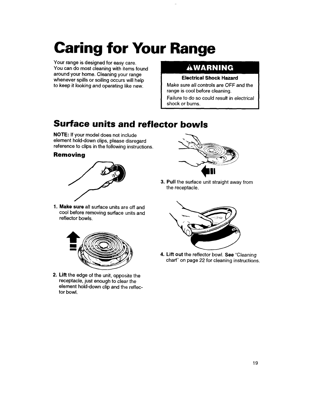 Whirlpool RF305PXD, RF302BXD, RF3020XD Caring for Your Range, Surface units and reflector, bowls, Electrical Shock Hazard 
