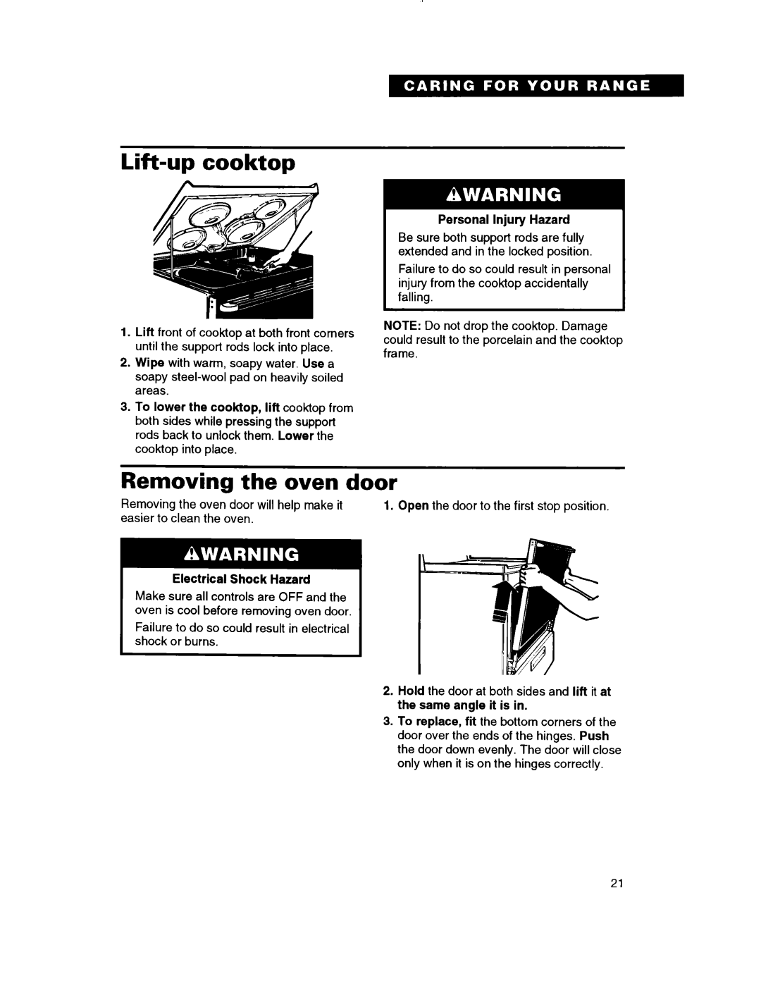 Whirlpool RF302BXD, RF305PXD manual Lift-upcooktop, Removing the oven door, Personal Injury Hazard, Electrical Shock Hazard 