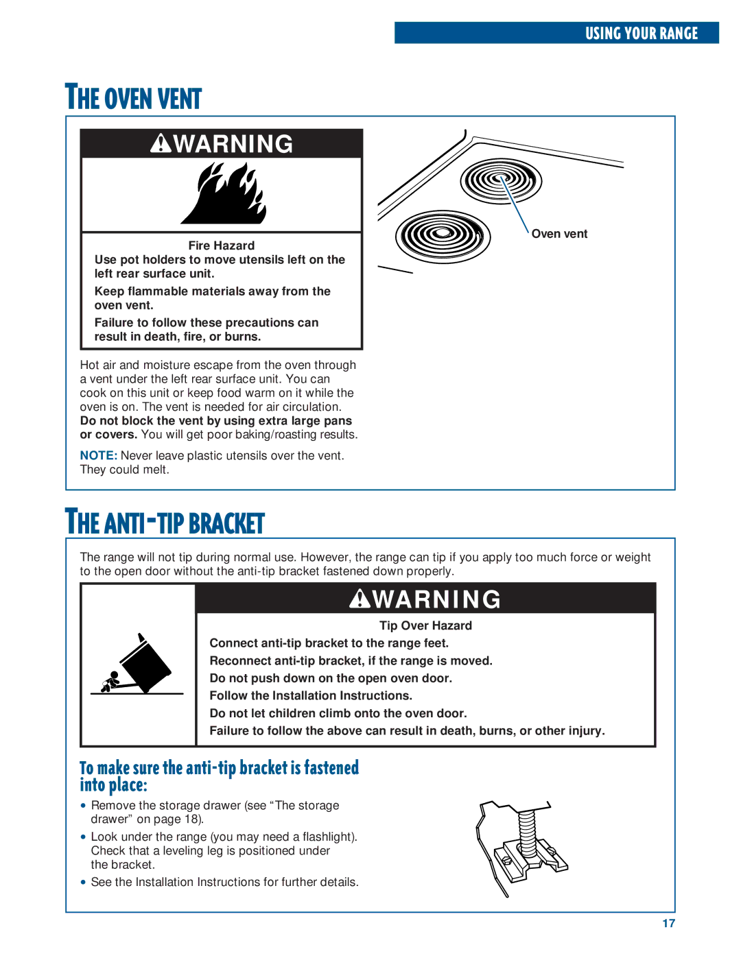 Whirlpool RF3020XE, RF302BXE warranty Oven Vent, ANTI-TIP Bracket 