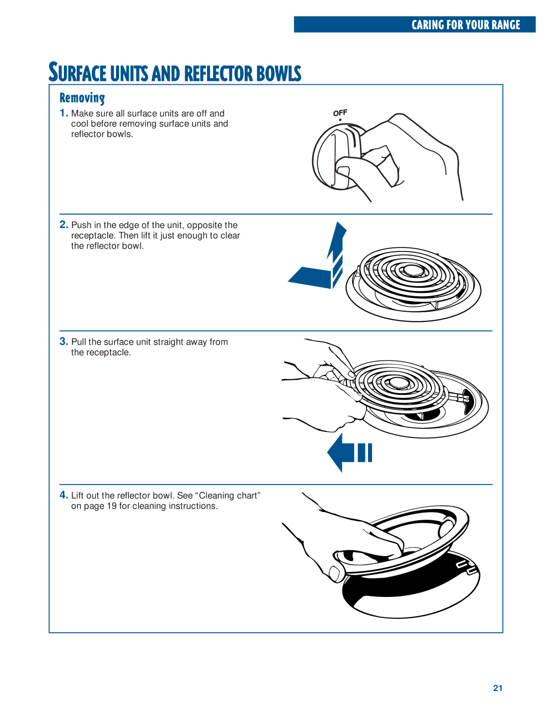 Whirlpool RF3020XE, RF302BXE warranty Removing, Caring for Your Range 