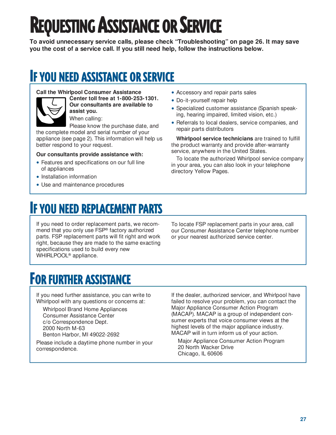 Whirlpool RF3020XE, RF302BXE If YOU Need Assistance or Service, If YOU Need Replacement Parts, For Further Assistance 